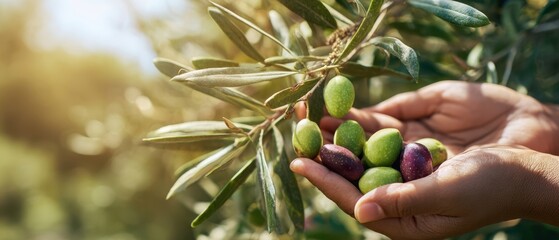 The hands collecting ripe olives from an olive tree in natural sunlight.