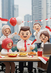 Business Team with Red and White Flags. Office Celebration