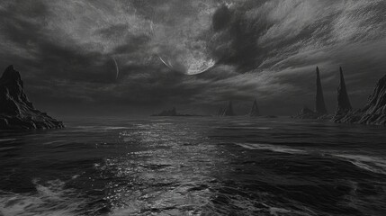 Dark, stormy seascape with alien-like rocky outcrops