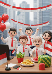 Business Team with Red and White Flags. Office Celebration