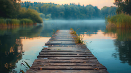Fototapeta premium Scenic wooden pier stretching into a calm lake, surrounded by lush greenery and a soft sunset glow.