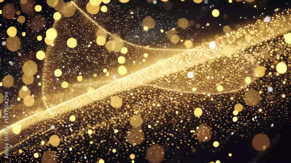 Poster golden glittering effect creates a mesmerizing display on a dark background with dynamic sparkle det