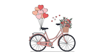 Fototapeta premium Charming pink bicycle with heart balloons and flower basket for romantic rides