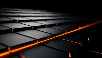 Abstract close-up of dark gray, square tiles with glowing orange lines