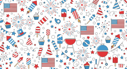 Obraz premium Festive fourth of july celebration pattern with patriotic icons and fireworks displays
