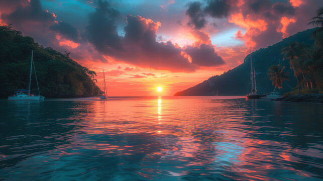 Sunset spectacle over tranquil bay, sailboats silhouetted against the colorful sky, water mirroring light