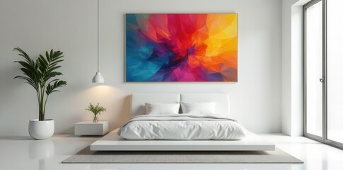 Sleek white walls, platform bed, geometric art , peaceful, airy, spacious