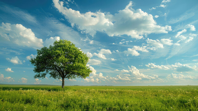 Solitary tree stands tall in a meadow, under a blue sky dotted with fluffy clouds. Serene landscape. - Powered by Adobe