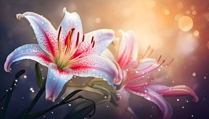 A close-up of vibrant pink lilies with a soft, glowing background.