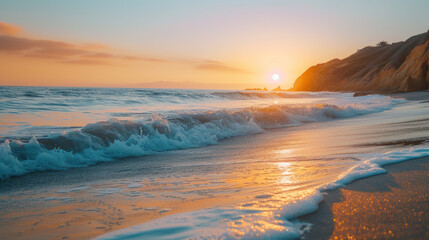 Obraz premium Golden sunset bathes gentle waves on a serene beach, a beautiful coastal scene, glowing horizon.