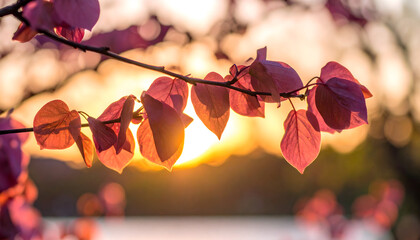 A close-up of vibrant pink leaves against a sunset backdrop.