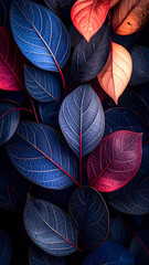 A close-up of vibrant, colorful leaves in various shades and textures.