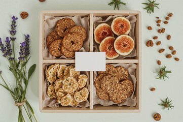 Top view of a wooden box with figs cookies and dried fruits with lavender on a light background