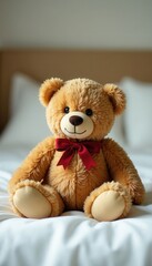 Obraz premium Vintage teddy bear sits on white bed's headboard , furniture, toy, interior