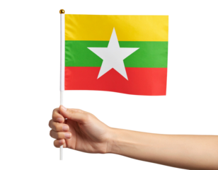 Waving Myanmar Flag with White Star, Side-Angled Breeze Motion, Isolated PNG. (2)