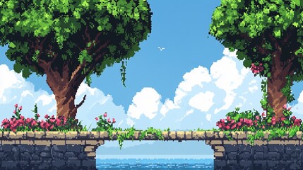 Pixel art landscape with trees, flowers, and a stone bridge over water