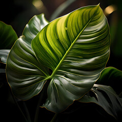 A close-up view of a vibrant green leaf with intricate textures and patterns.