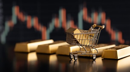 Concept for investing on Gold as safe haven; Gold bar on trolley with gold price candlestick chart in the background .