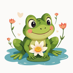 Cheerful frog sitting in water holding lily flower with surrounding blossoms. Happy frog design features charming expression amidst vibrant flora,