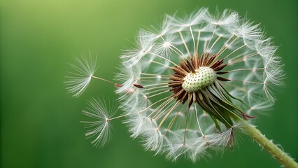 Obraz premium Closeup of Dandelion Seed Head with White and Brown Details Against Green Background