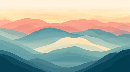 Soft-hued mountain range at sunrise or sunset. Layers of pastel mountains