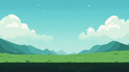 Flat illustration of a vast, sunny landscape with mountains, grass, and clouds