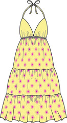 Light yellow halter neck tiered maxi dress 