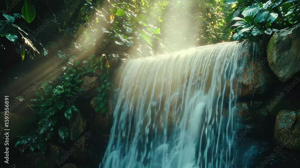 Aufkleber cascading waterfall in a lush forest with sunbeams illuminating the serene atmosphere, waterfall cas
