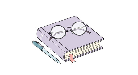 Classic eyeglasses resting on an open book with a bookmark and pen nearby