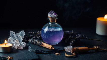 Purple potion with crystals and candles