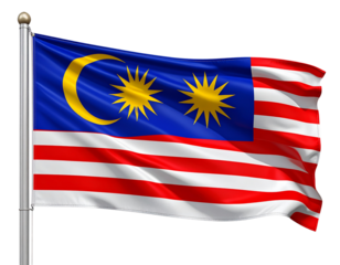Waving Malaysian Flag with Crescent and Star, Side-Angled Motion, Isolated PNG.