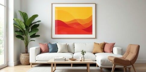 Elegant line art in a simple frame above a coffee table with books , decoration, table