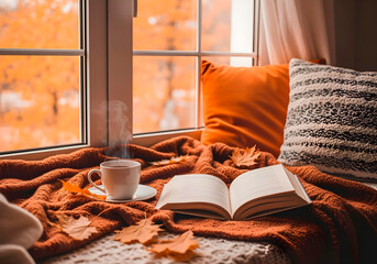 Cozy summer or autumn porch scene featuring a wicker chair with floral pillows and a soft blanket, an open book, and a glass mug of iced tea on a rattan table.