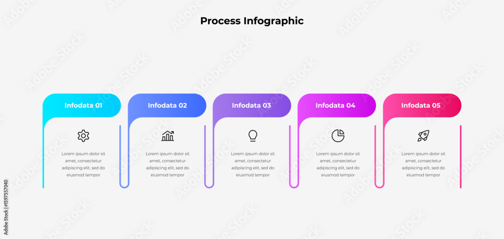 Poster five step infographic with minimal icons and gradient headers, ideal for visualizing workflows, proj