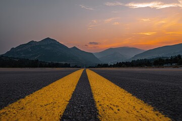 Asphalt runway leading to mountain sunset
