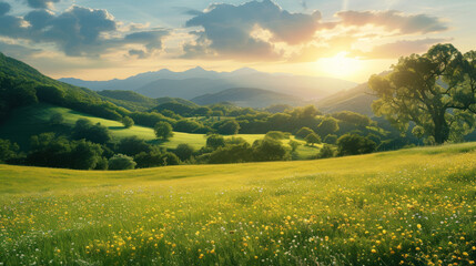 Obraz premium Idyllic mountain meadow with wildflowers in full bloom bathed in the golden light of a setting sun.