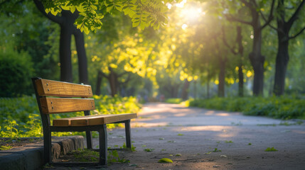 Naklejka premium Park bench bathed in sunlight along a peaceful pathway. Serene, scenic, and ideal for relaxation.