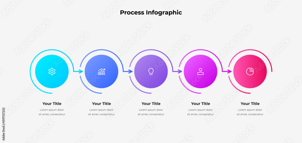 Poster circular infographic with vibrant colors representing sequential five phases of a process. ideal for