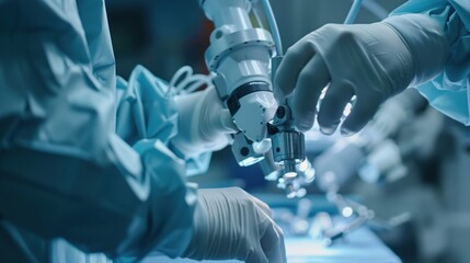 National Surgical Oncologist Day. Close-up of surgical oncologist's hands using advanced robotic surgical equipment, precision instruments, high-tech medical devices, sterile gloves