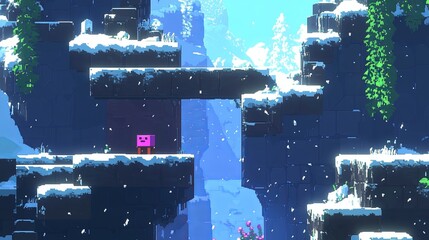 Pixelated snowy landscape with pink character