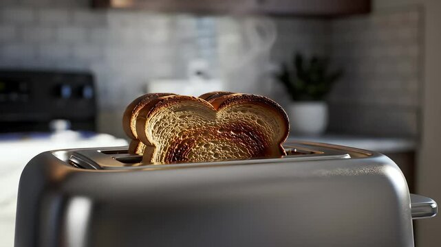 Close-up of golden brown toast popping out of a modern silver toaster with steam rising, set in a bright kitchen.