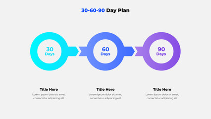 Modern infographic showing a 30-60-90 day plan with colorful circular arrows for project strategy, goals, or onboarding roadmap