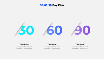 Illustration of a 30-60-90 day business plan visualized in a clean, modern layout for corporate presentations, project scheduling, and goal tracking applications