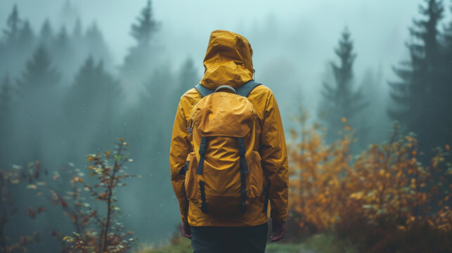 Person with a yellow hooded jacket and backpack hiking in a foggy forest on a rainy day.