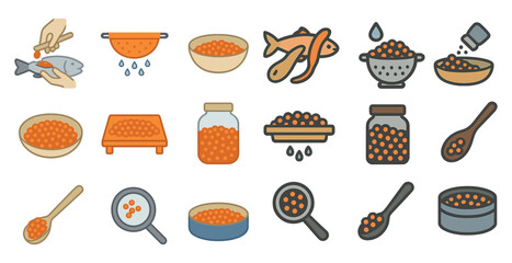 Caviar food icons set – outline, gourmet cuisine, delicacy symbols