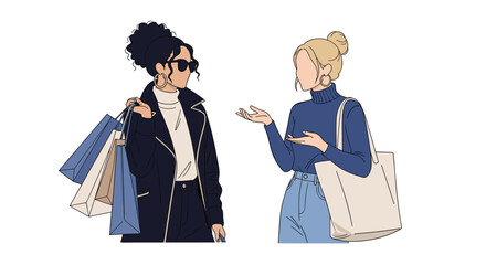 Two fashionable women discuss shopping finds carrying bags and tote with confidence