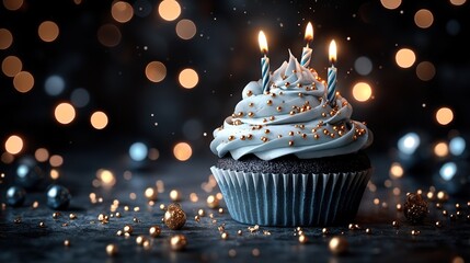 "Birthday Cupcake with Candles and Gold Decorations on Dark Background with Bokeh Lights"