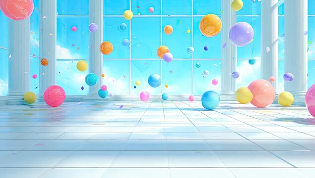 Pastel balls floating in a bright, airy space