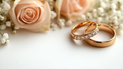 "Elegant Gold Wedding Rings with Diamonds and Soft Pink Roses for Romantic Wedding Decor"
