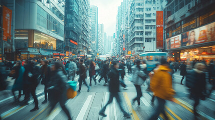Busy hong kong street scene with pedestrians crossing the road in a bustling urban environment today